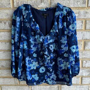 J. Crew Womens Blue Floral Chiffon Ruffle V-Neck Blouse, Size S.
